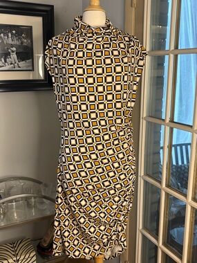 Anthropologie Geometric Midi Dress in Black, White & Mustard